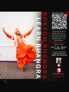 Bhangra poster with photo of Bhanra dancer in traditional orange costume reaching arms up and lifting one leg in a bent position.