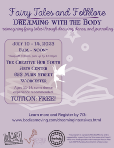 Fairy Tales and Folklore: dreaming with the body teen intensive poster with lilac background with illustration of a fairy flying over an open book.