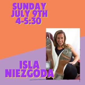 Isla Niezgoda's photo with tap shoes crossed in front of camera, over orange and purple background.
