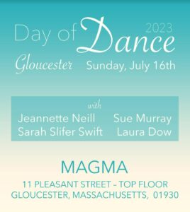 Day of Dance poster with event information displayed over blue gradient background that fades to beige from top to bottom.