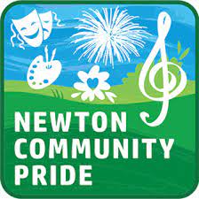 Newton Community Pride logo with art symbols illustrated over a drawing of grassy area with a blue sky