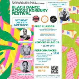 Black Dance Across Roxbury Festival with artists headshots and event information over colorful background.
