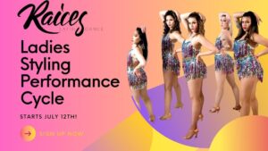 Pink and yellow poster with photo of Raices dancers with colorful glittery dresses posing with one hand on waist and one over head.