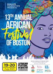African Festival poster with illustration of African female-presenting person with colorful necklace and cloth wrapped around hair.