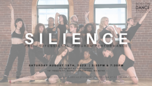 Silience poster with event information displayed over opaque photo of teen pre-professional cohort posing together.