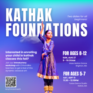 Kathak foundations poster with blue background and photo of young kathak dancer in blue costume with golden details.