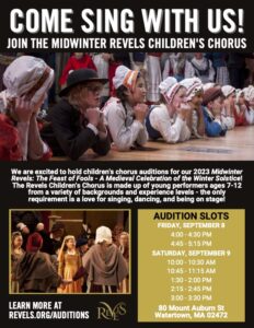 Midwinter Revels production call for children poster with photo of children in previous productions.