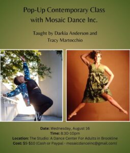 Pop-up class poster with event information and two photos, one of each teacher in a dance shot.