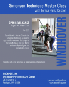 Simonson Technique Master Class poster with blue accents and a photo of Teresa leading a class.