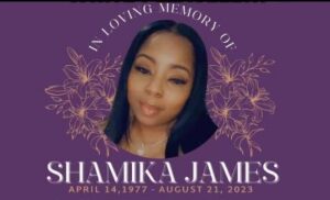Shamika James memorial photo with purple background and yellow flower outlines.