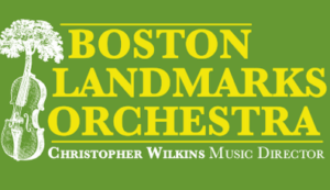 Boston Landmarks Orchestra logo with green background and yellow font.