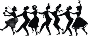 Illustration of many people lined up dancing cha cha.