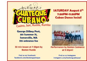 Guateque Cubano poster with photo of Boston Casineros in costume lined up and event information displayed over light yellow background.