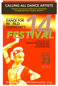 Call for all dance artists poster with red scale image of kathak dancer as a background for event information.