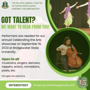 Call for performers poster with event information on the left and two performance photos on the right: one with dancers raising their arms on a diagonal and another with a musician playing the cello.