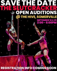 Slutcracker auditions announcement poster with information displayed over photo of dancers by a pole.