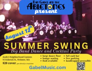 Summer Swing poster with photo of the band and event information at the bottom highlighted in yellow.