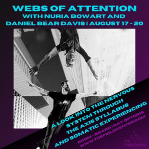 Webs of Attention poster with workshop information displayed across the frame of a black and white image of two dancers reaching towards each other wirth arms wide open.