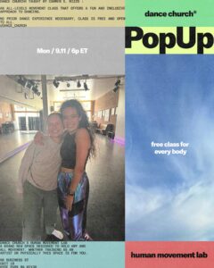 Colorful pop-up poster with photo of Carmen hugging a dance friend in a dance studio and class information written along the edges.