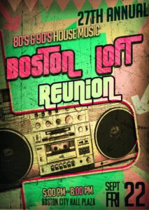 Boston Loft reunion poster with boom box illustration.