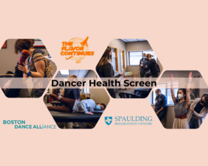"Dancer Health Screen" written over four photos of last year's BDA Dancer Health Day.