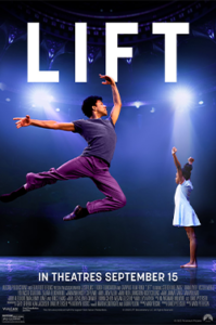 Lift poster with a dancer in the foreground leaping and a dancer in the background with arms up as if cheering.