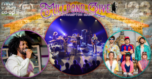 Millpond.Live Poster with photos of artists performing on day 1 in circles.