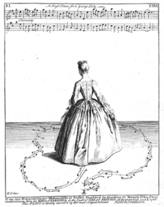 engraving of a young woman in early-18th-century costume.  Her back is to the viewer.  She stands on notation of the dance she is in the midst of dancing.