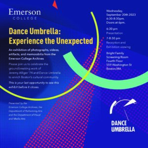 Poster in dynamic cobalt, turquoise, orange and red graphic shapes describing Dance Umbrella event dates and sponsors