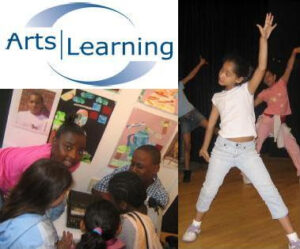 Two photos of artists in class and arts learning logo at top right corner.