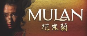Mulan poster with artistic photo of protagonist with hair dramatically blowing across her face.