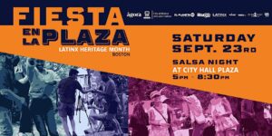 Fiesta en la plaza poster with colorful filtered photos of people dancing.