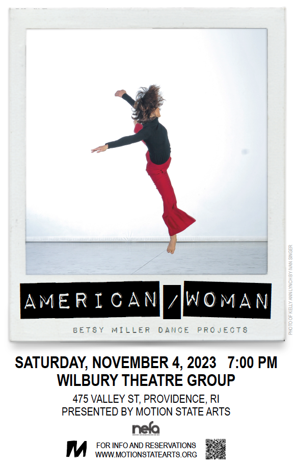 American/woman poster with photo of dancer leaping with arms open and event information below.