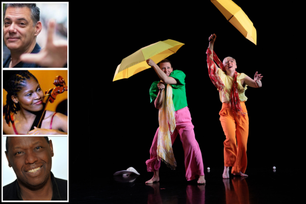 Three headshots of guest artists on the left and a larger photo of a duet dancing with two yellow umbrellas on the right.