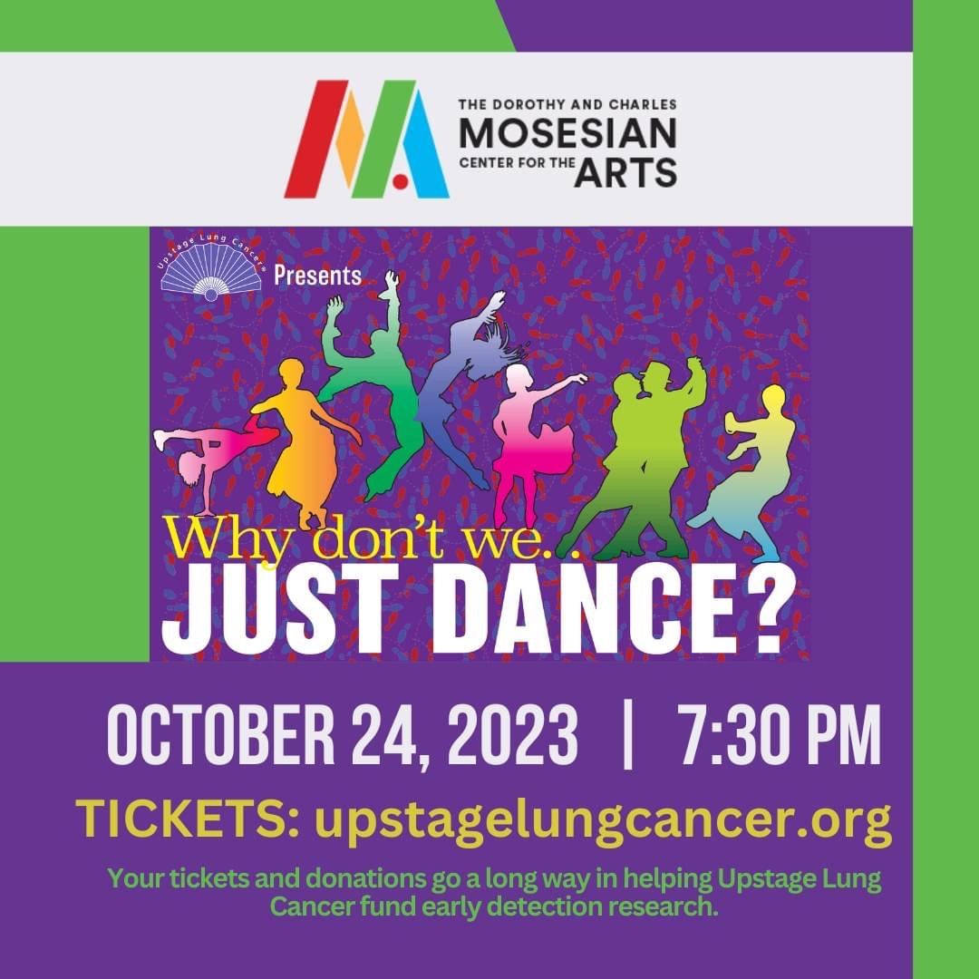 "Why don't we just dance?" written over mostly purple background. Event information displayed underneath. Illustration of colorful dancing silhouettes above.