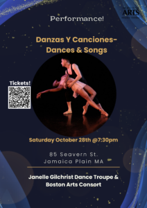 Event poster with centered photo of pas de deux in which femme dancer on pointe is held by male-presenting partner in an embrace while laying back.