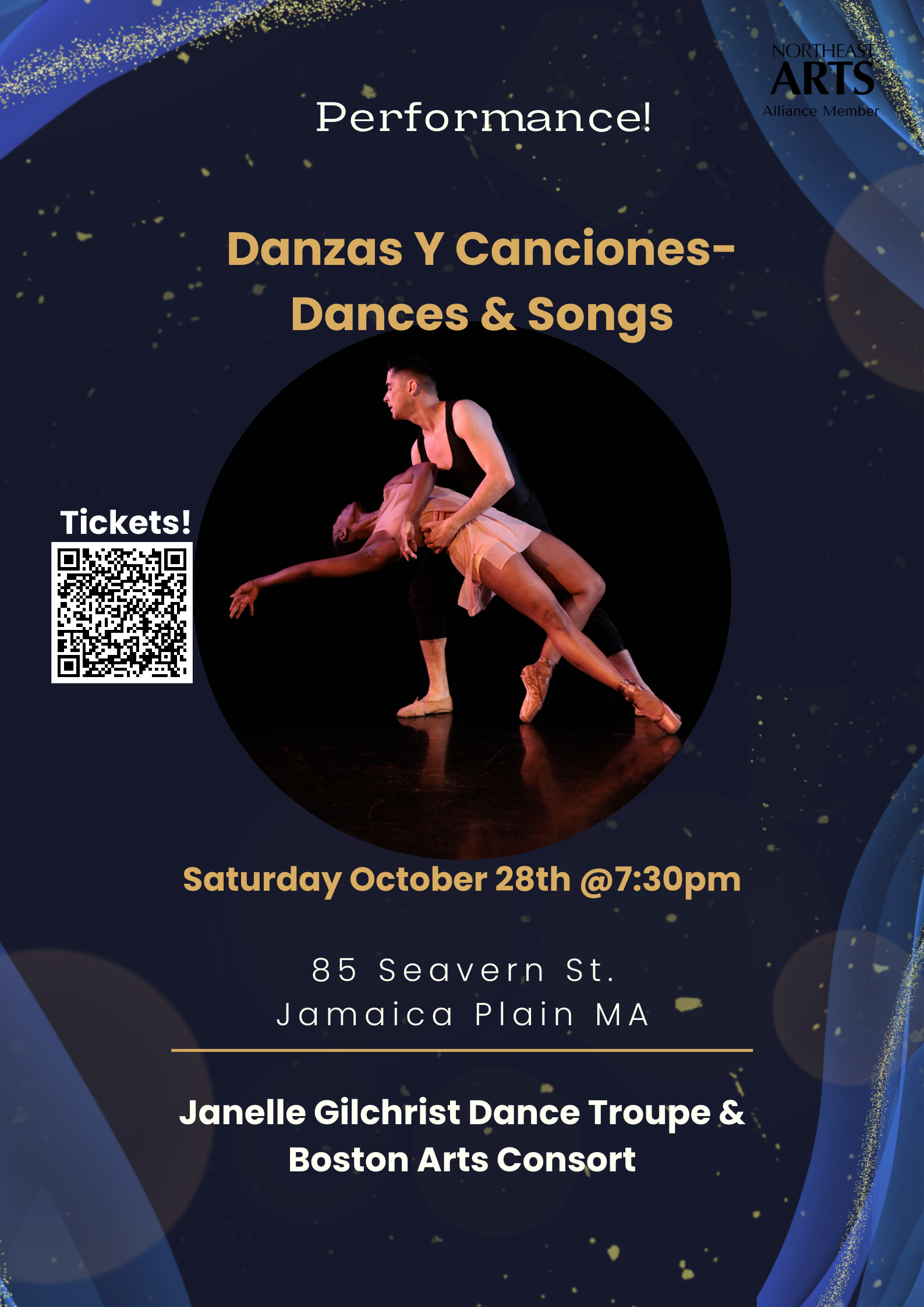 Event poster with centered photo of pas de deux in which femm dancer on pointe is held by male-presenting partner in an embrace while laying back.