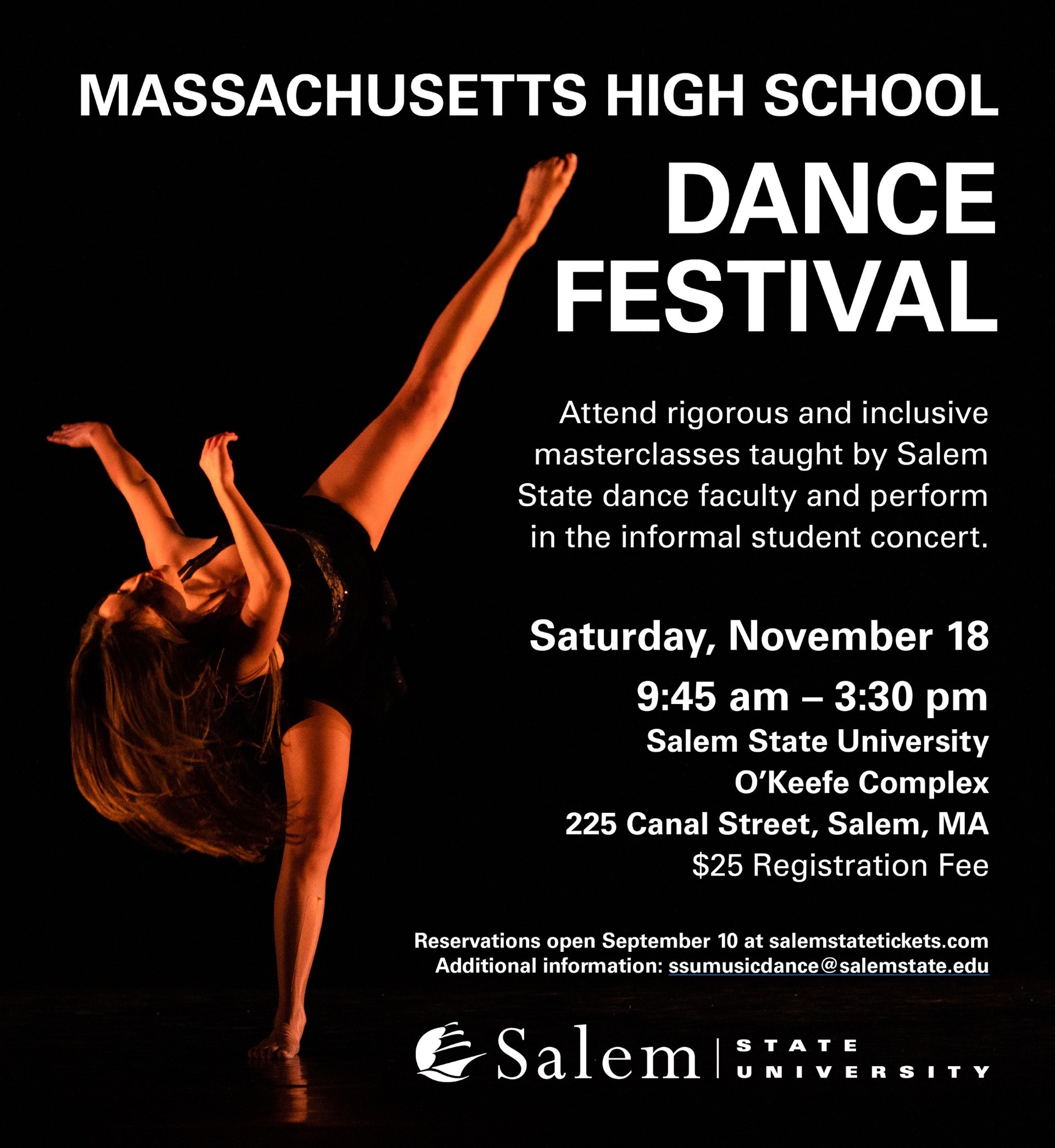 MA High School Dance Fest poster with event information on the right displayed over a photo of a dancer tilting their body and lifting their leg towards vertical.