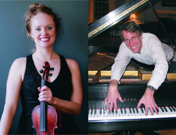 Photo of violinist holding violin and smiling on the left. On the right, pianist reaches for keys over the top of an open piano.