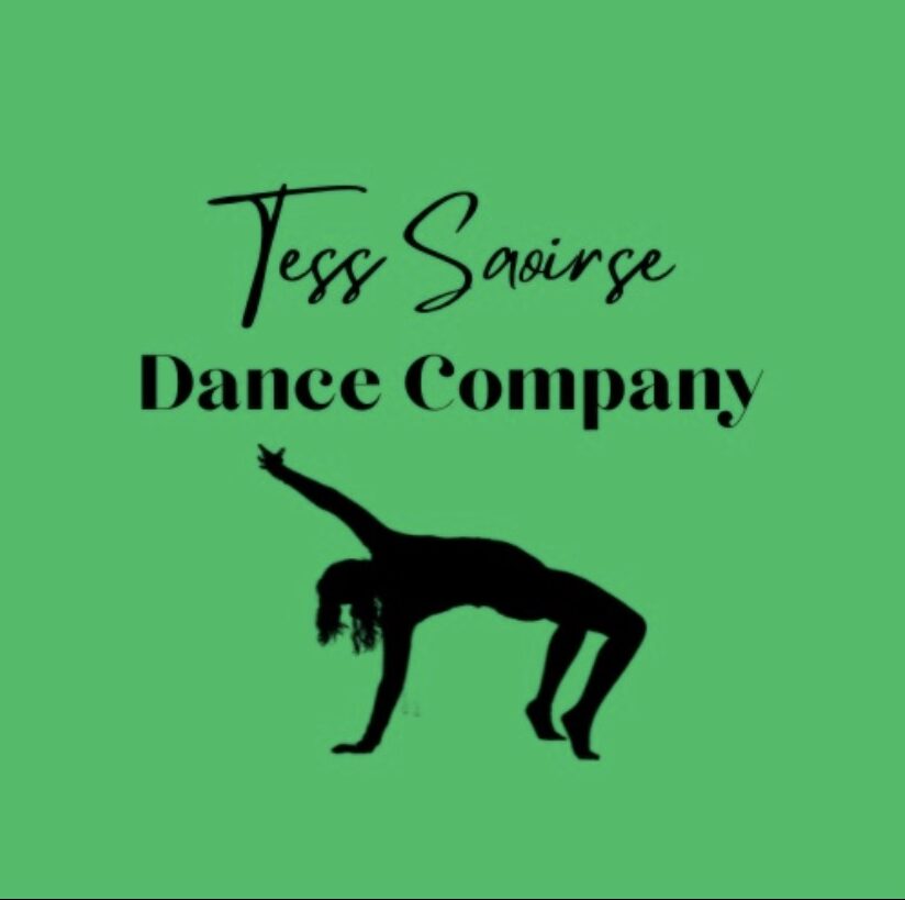 "Tess Saoirse Dance Company" written in black over green background and silhouetted illustration of a dancer in a back bend with on hand on the ground and one reaching up.