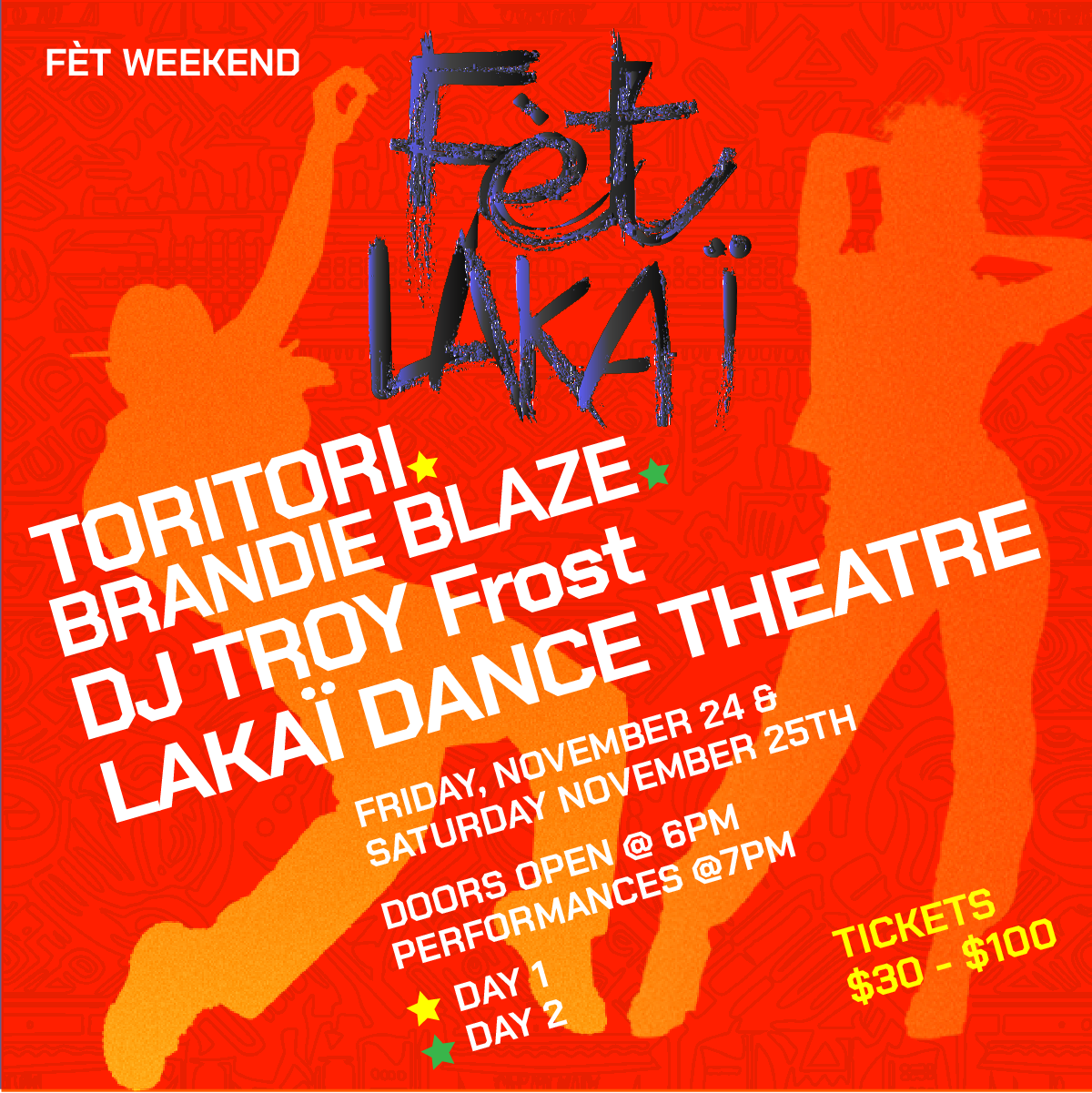 Event poster with red background and silhouettes of dancers in orange and yellow