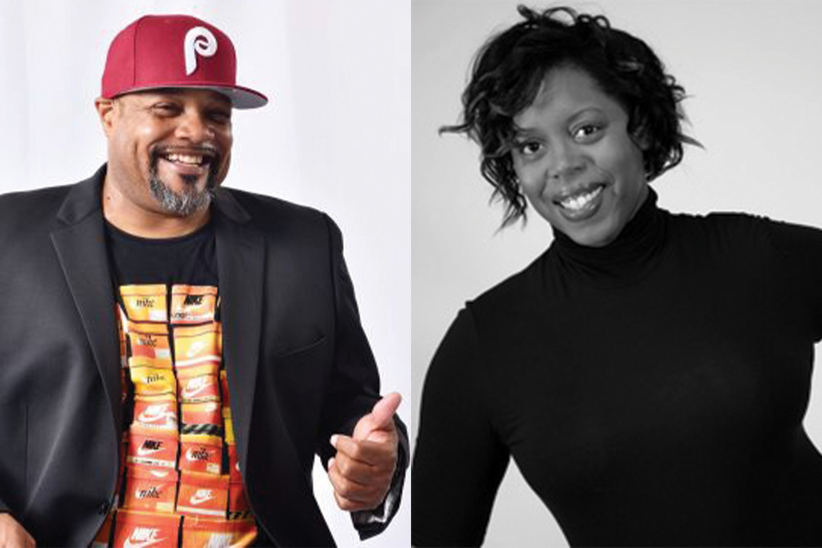 Rennie Harris a man in a black blazer and red baseball hat and Jessica Pearson a woman in a black turtleneck