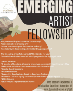 Emerging Artist Fellowship poster with brown and orange spots. Fellowship information written in white.