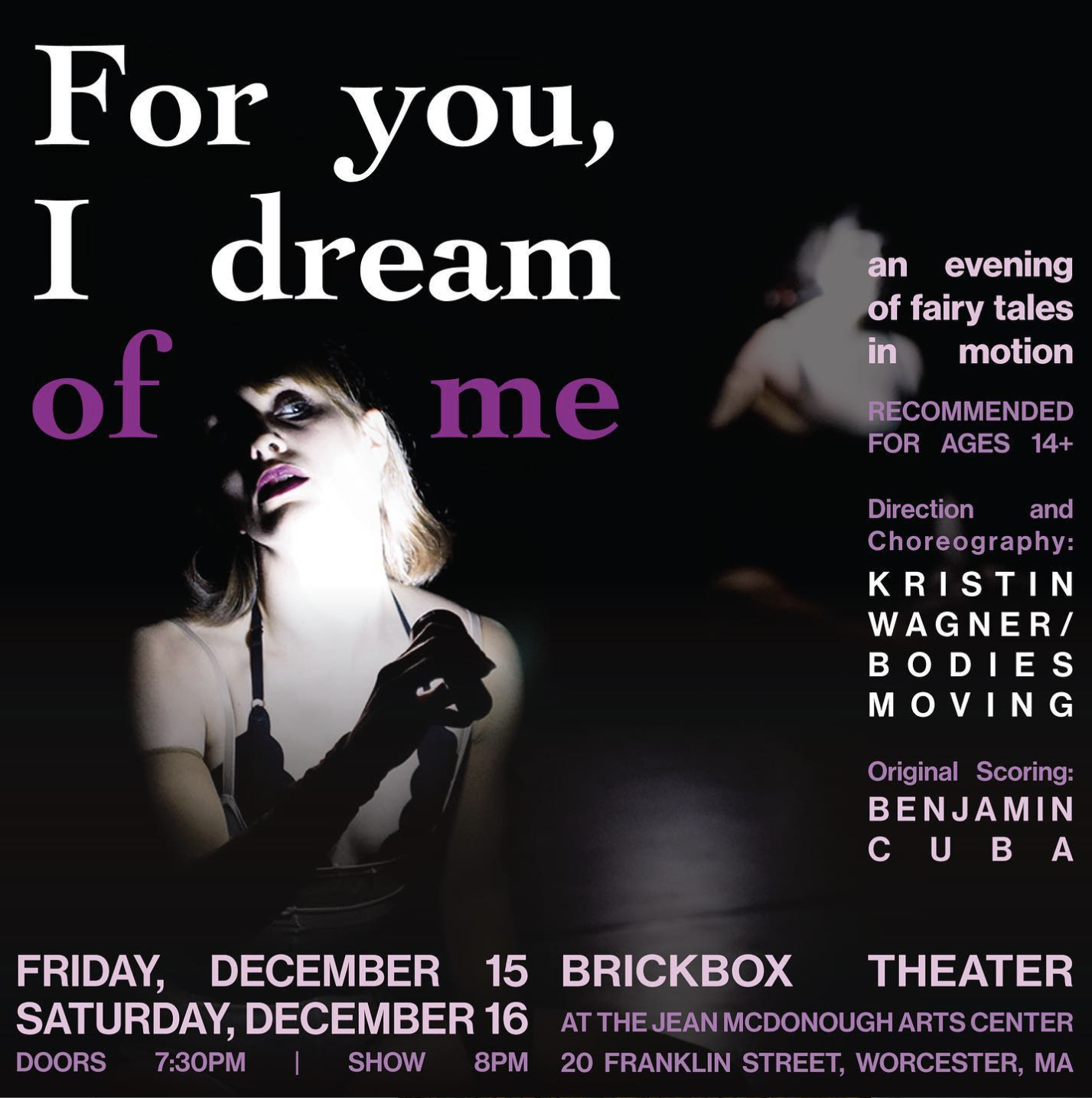 Event poster with event information over photo of dancer holding flashlight to face