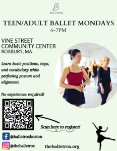 Teen/Adult Ballet classes poster with class information, a photo of people in class smiling and a QR code to scan to register