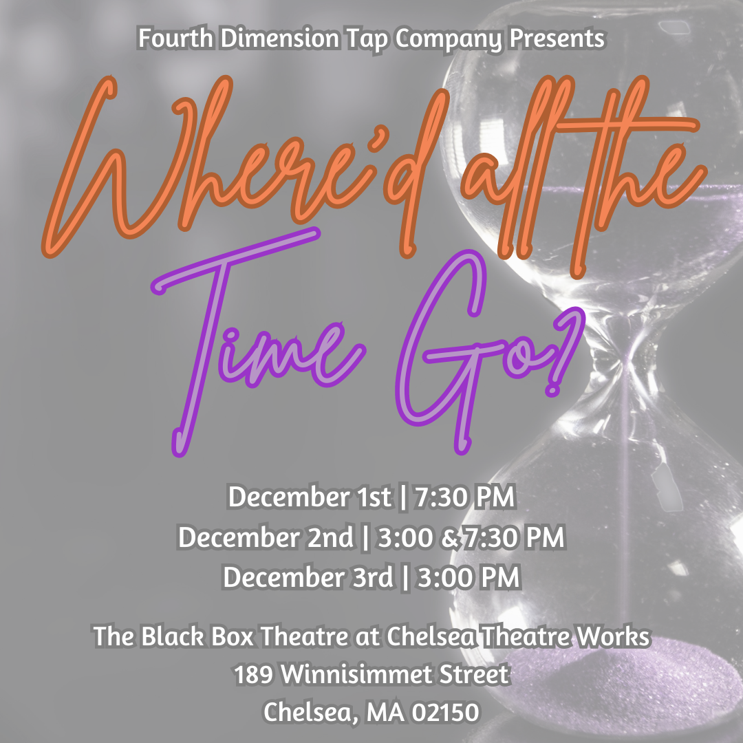 "Where'd all the time go?" written in neon over black and white photo of an hour glass. Even information under title in white font.