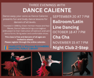 Dance Caliente poster with three photos of couples dancing together and event information.