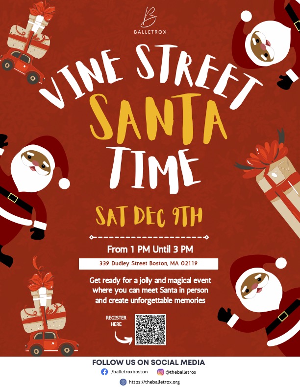 Event poster with information and illustrations of black Santa Clauses