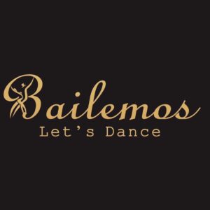 Bailemos logo - "Bailemos Let's Dance" written in golden over black background