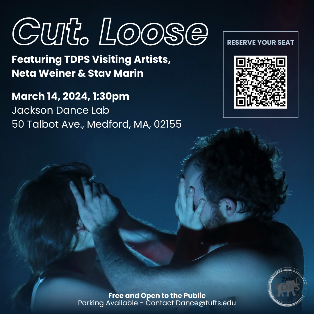 Neta Weiner and Stav Marin grabbing each others faces in blue lighting. White text on the upper left corner reads "Cut. Loose Featuring TDPS Visiting Artists, Neta Weiner & Stav Marin" On the next line in white text, it reads "March 14, 2024, 1:30pm Jackson Dance Lab 50 Talbot Ave., Medford, MA, 02155". There is a QR code in the upper right corner that links to ticketing website.